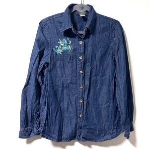 Vintage 90s Blair Denim Chambray Shirt Blue Hibiscus Embroidery Women’s Sz Small